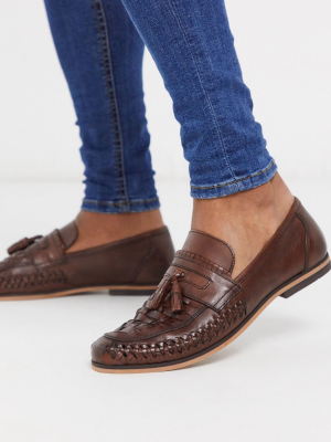 Asos Design Loafers In Woven Brown Leather With Tassel Detail