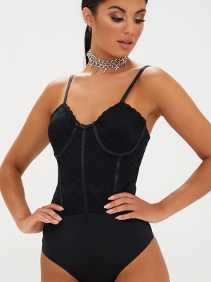 Archa Black Lace Panelled Thong Bodysuit