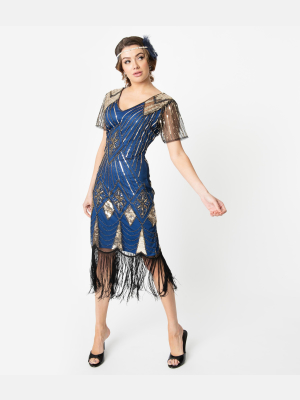 Unique Vintage 1920s Gold Sequin & Navy Fringe Katriane Flapper Dress