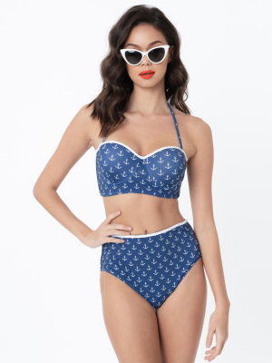 Retro Style Blue Nautical Anchor Print Two Piece Swimsuit