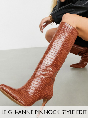 Asos Design Claudia Knee High Boots In Tan