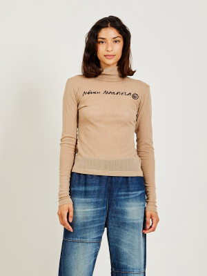 Logo Print Mesh Top Nude