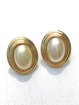 Vintage Oval Pearl And Gold Earrings