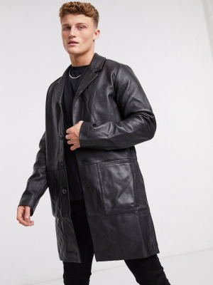 Asos Design Leather Trench Coat In Black