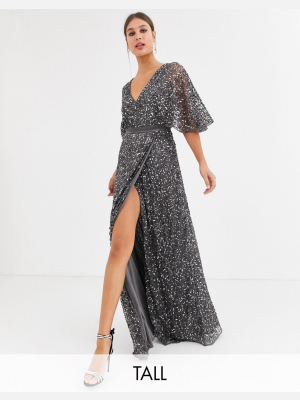 Maya Tall Bridesmaid Delicate Sequin Wrap Maxi Dress In Dark Gray