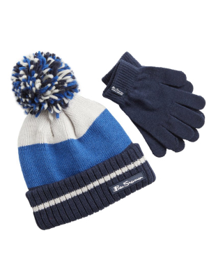 Kids' Jacquard Stripe Knit Hat & Gloves Set - Blue/grey