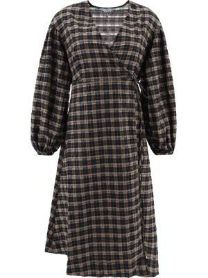 Ganni Seersucker Check Wrap Dress