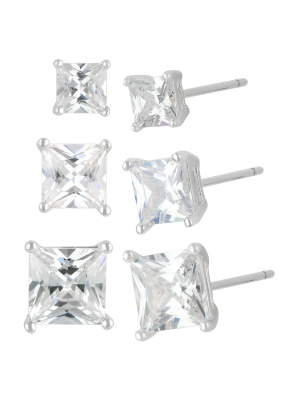 Women's Sterling Silver Stud Or Square Cubic Zirconia Earring Set 3pc - Silver