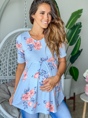 Blue Floral Maternity Top