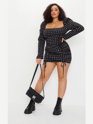 Plus Black Polka Dot Puff Sleeve Ruched Detail...