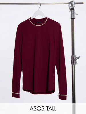 Asos Design Tall Long Sleeve Smart T-shirt With Piping Detail In Burgundy