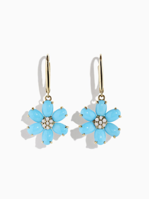 Effy 14k Yellow Gold Turquoise And Diamond Flower Earrings, 4.83 Tcw