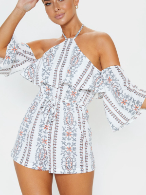 White Embroidered Print Beach Playsuit