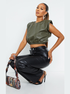 Khaki Pu Shoulder Pad Ruched Hem Crop Top