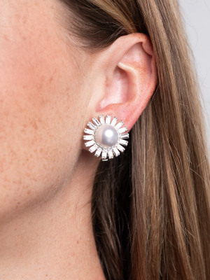 Pearl Ball Sunburst Clip Earrings