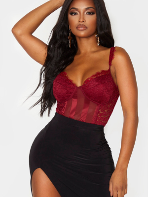 Shape Burgundy Lace Mesh Stripe Bodysuit