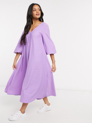 Asos Design Textured Smock Midi Dress With V Neck In Violet