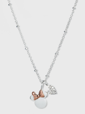 Disney Rose Gold Two-tone Minnie Mouse And Cubic Zirconia Heart Charm Necklace - Silver