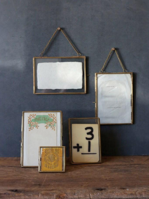Set Of 2 Brass & Glass Photo Frames With Chain