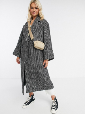 Asos Design Oversized Herringbone Coat With Cuff Detail In Mono