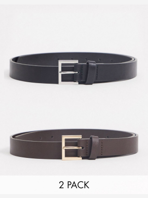 Asos Design 2 Pack Skinny Belt In Black And Brown With Gold And Silver Buckle Save