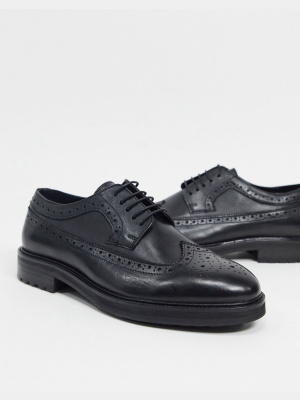 Asos Design Wide Fit Brogue Shoes In Black Leather With Chunky Sole