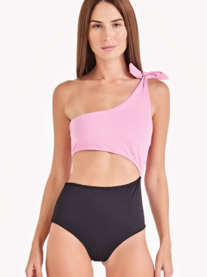 Maui Color Block One Shoulder Cut Out One Piece Swimsuit - Bubblegum Pink/black