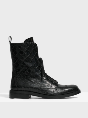 Laced Boot In Crocodile Print Leather