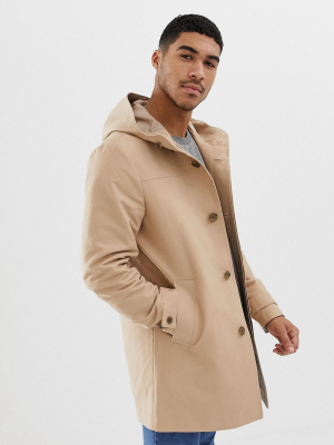 Asos Design Shower Resistant Hooded Trench Coat In Stone