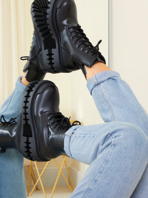Black Pu Lace Up Extreme Cleat Biker Ankle Boots