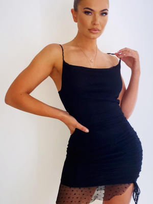 Black Dobby Mesh Cowl Neck Ruched Bodycon Dress