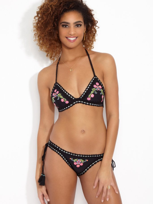 Lily Crochet Triangle Bikini Top - Black Floral Print