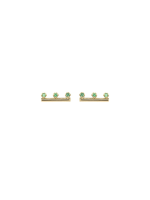 14k Gold Round Bar Studs With 3 Prong Set Emeralds