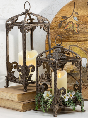 Gg Collection Tall Brown Metal Acanthus Leaf Lantern..