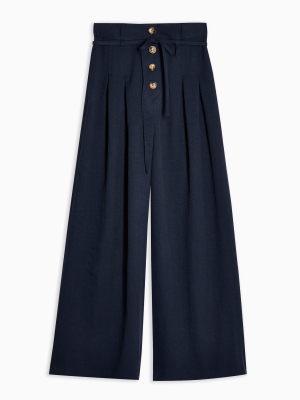 Navy Tie Waist Button Up Wide Leg Pants