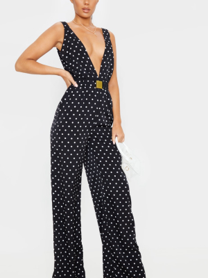 Black Polka Dot Buckle Belt Detail Jumpsuit