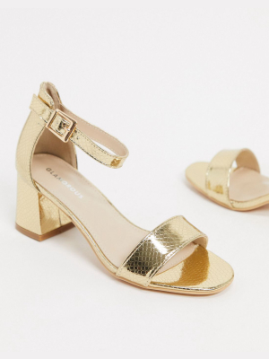 Glamorous Mid Heeled Sandals In Lizard Embossed Gold