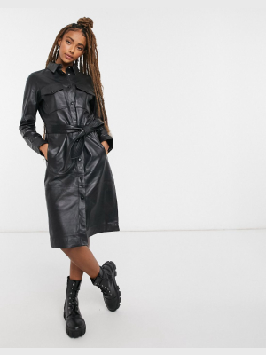 Lab Leather Tie Waist Midi Dress In Black