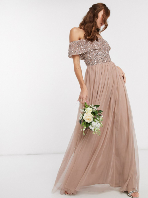 Maya Bridesmaid Bardot Maxi Tulle Dress With Tonal Delicate Sequins In Taupe Blush