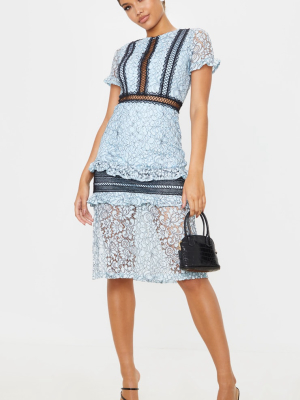 Dusty Blue Lace Ruffle Detail Midi Dress