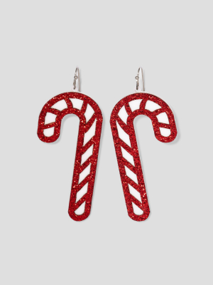 Glitter Candy Cane Earrings - Red