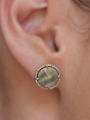 14kt Yellow Gold Black Mother Of Pearl Diamond Disc Stud