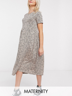 Wednesday's Girl Maternity Midi Smock Dress In Smudge Polka Dot