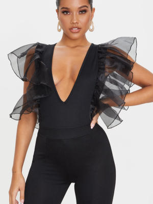 Black Organza Sleeve Plunge Bodysuit