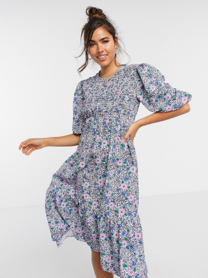 John Zack Shirred Bust Detail Midaxi Smock Dress In Blue Floral Print