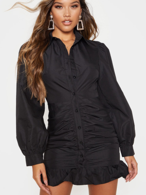 Black Ruched Front Frill Hem Shirt Dress