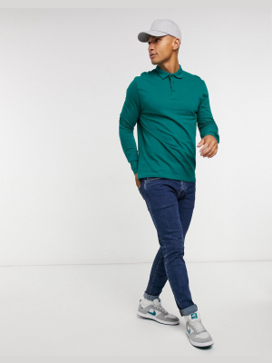 Asos Design Organic Long Sleeve Jersey Polo In Green