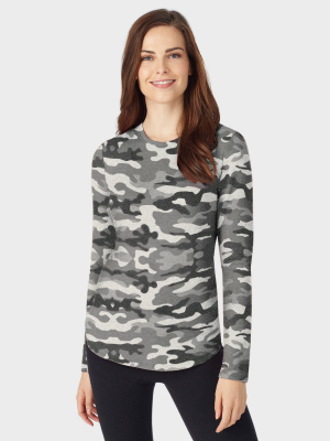 Warm Essentials By Cuddl Duds Women's Camo Print Everyday Comfort Crewneck Thermal Top - Gray