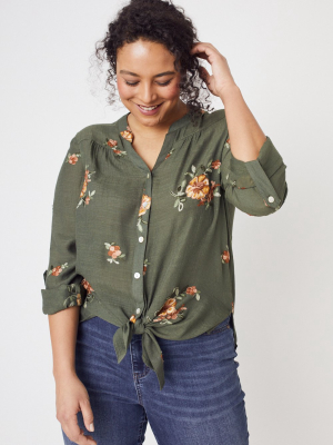 Olive Embroidered Button Front Woven Blouse- Plus