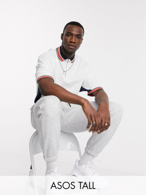 Asos Design Tall Oversized Pique Polo Shirt With Half Zip And Tipping In White